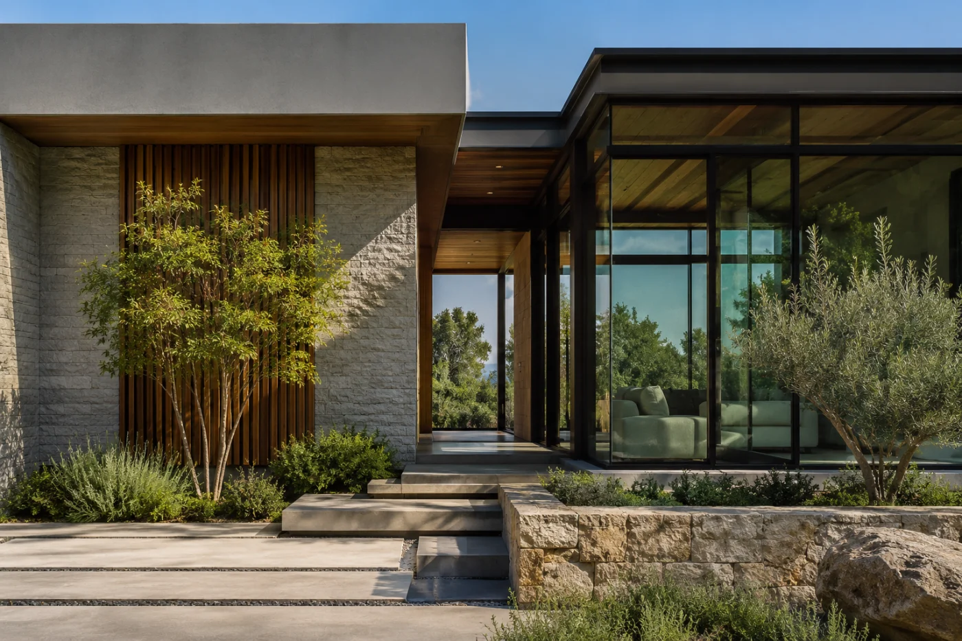 Fachada contemporánea con piedra, madera y vegetación