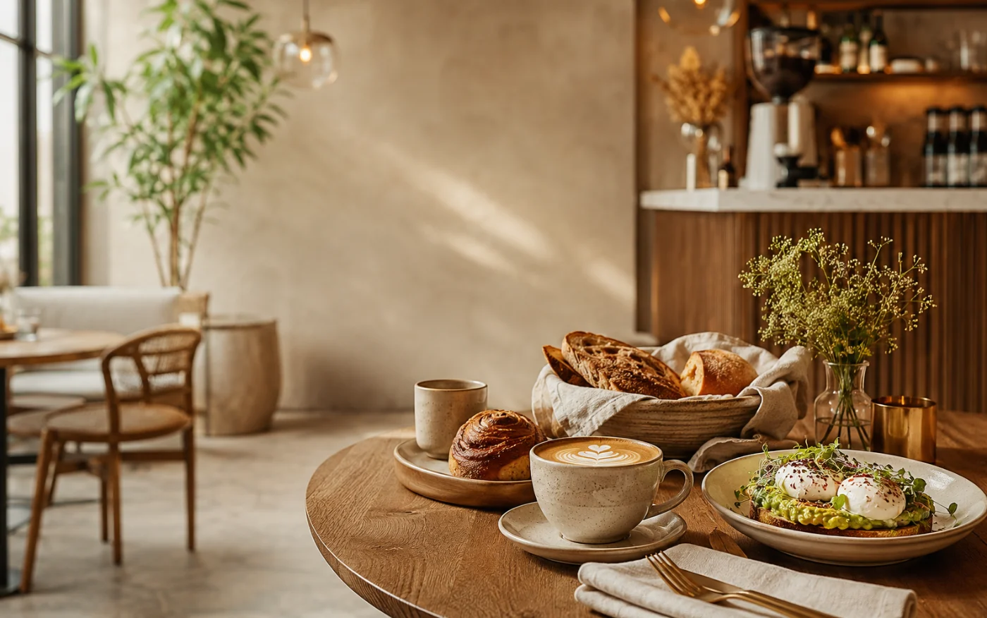 Mesa con café y pan en una cafetería cálida